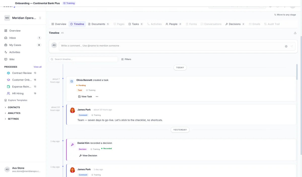 CaseFy case timeline showing comments, tasks and a recorded decision grouped by day